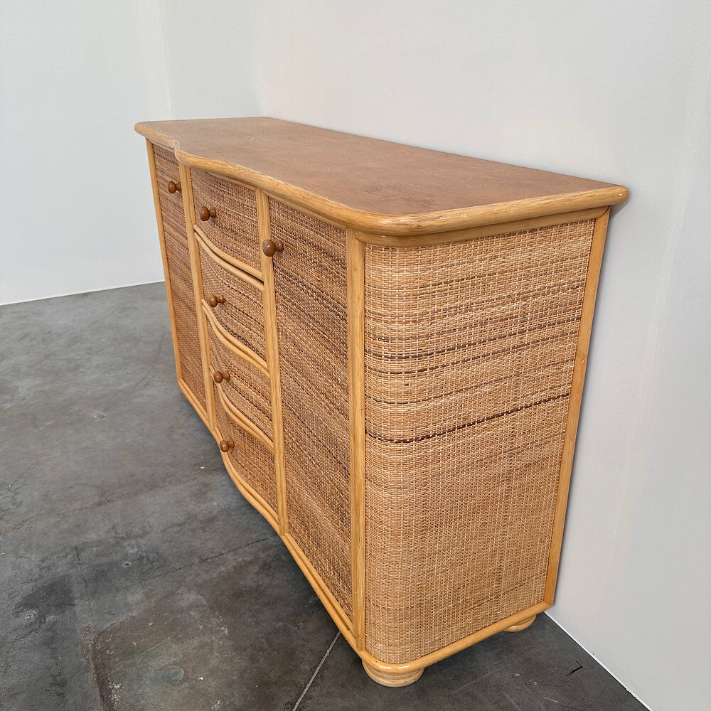 Vintage curved rattan sideboard, coastal credenza, wicker cabinet, boho buffet