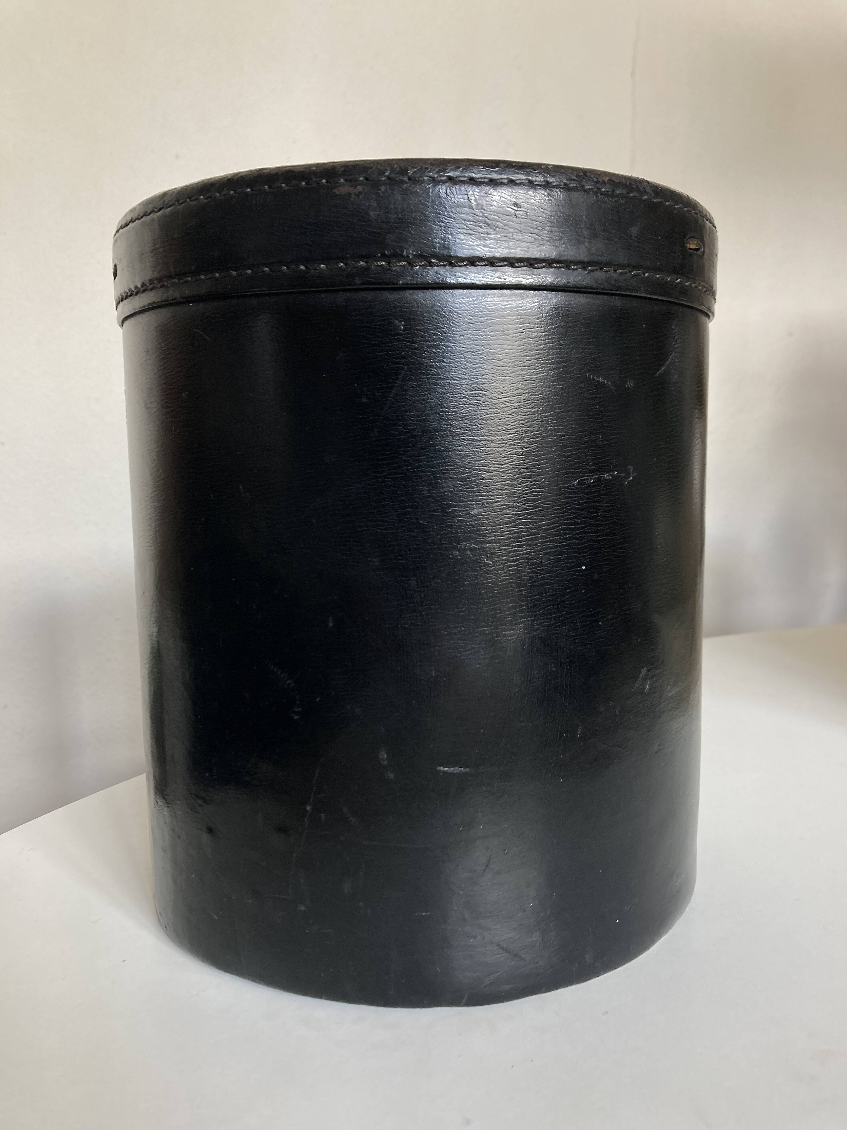 Black leather desk wastebasket, 1960