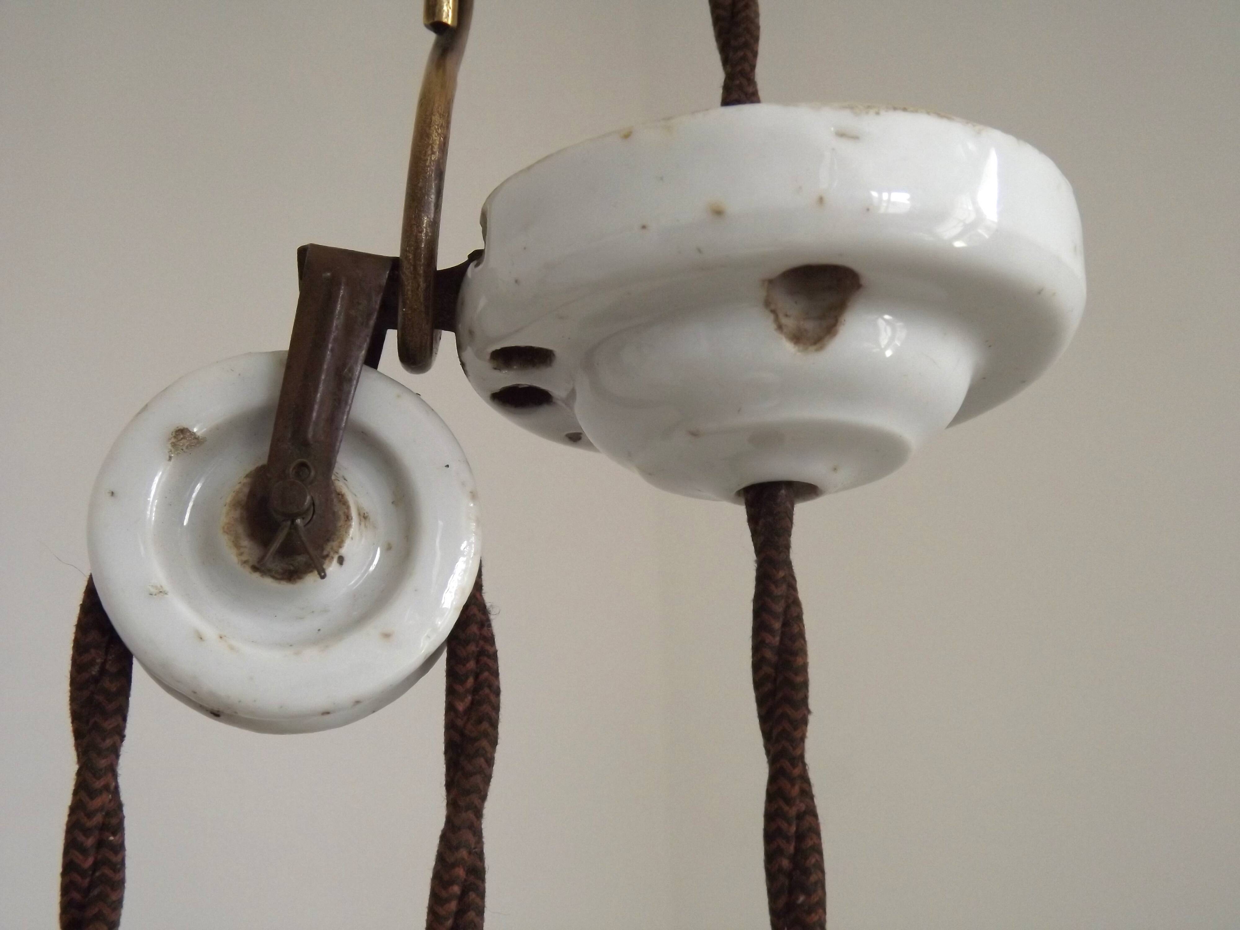Vintage French Rise & Fall Counterbalance Ceiling Light Opaline Glass Shade