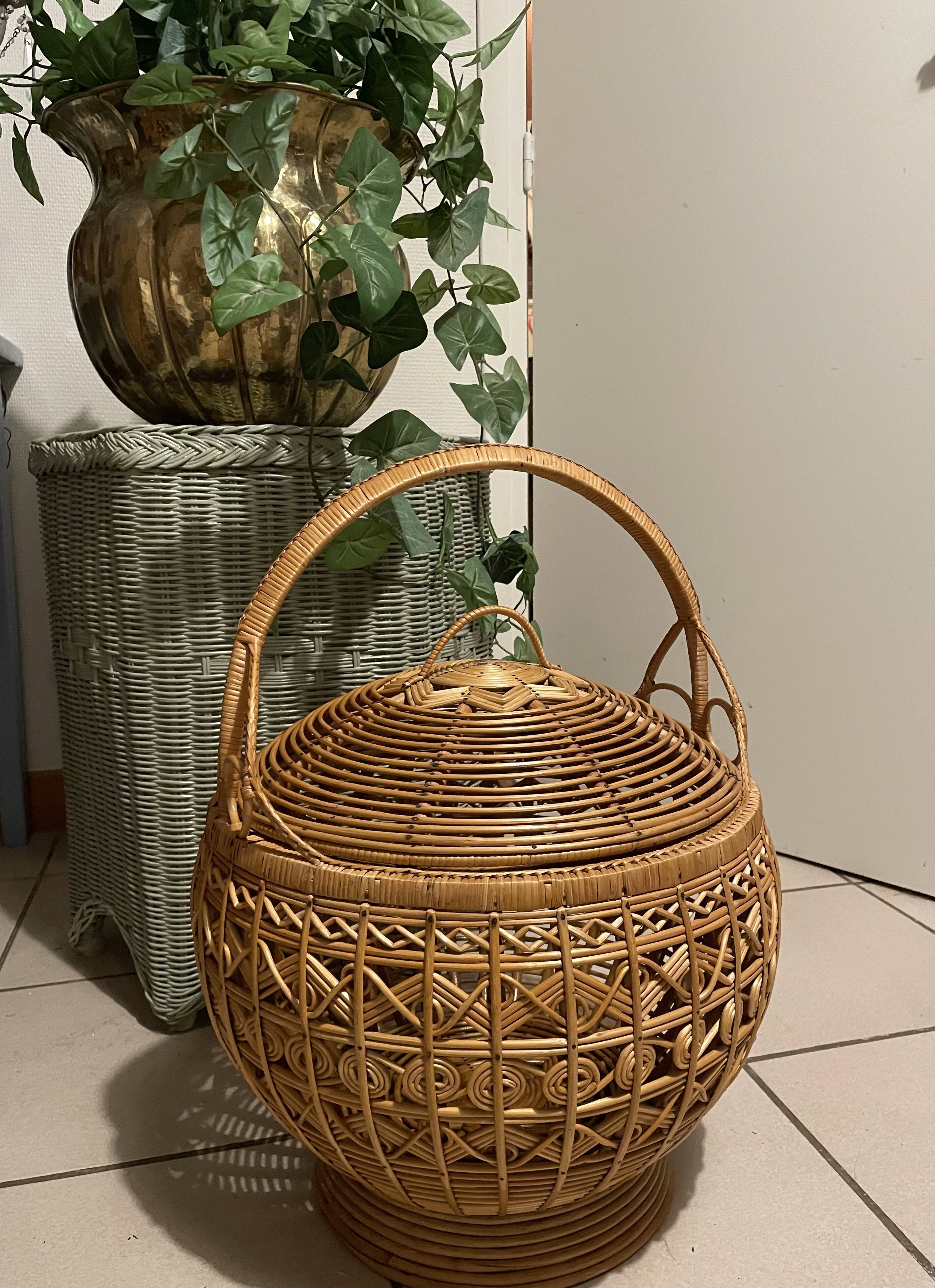 Large vintage woven rattan basket