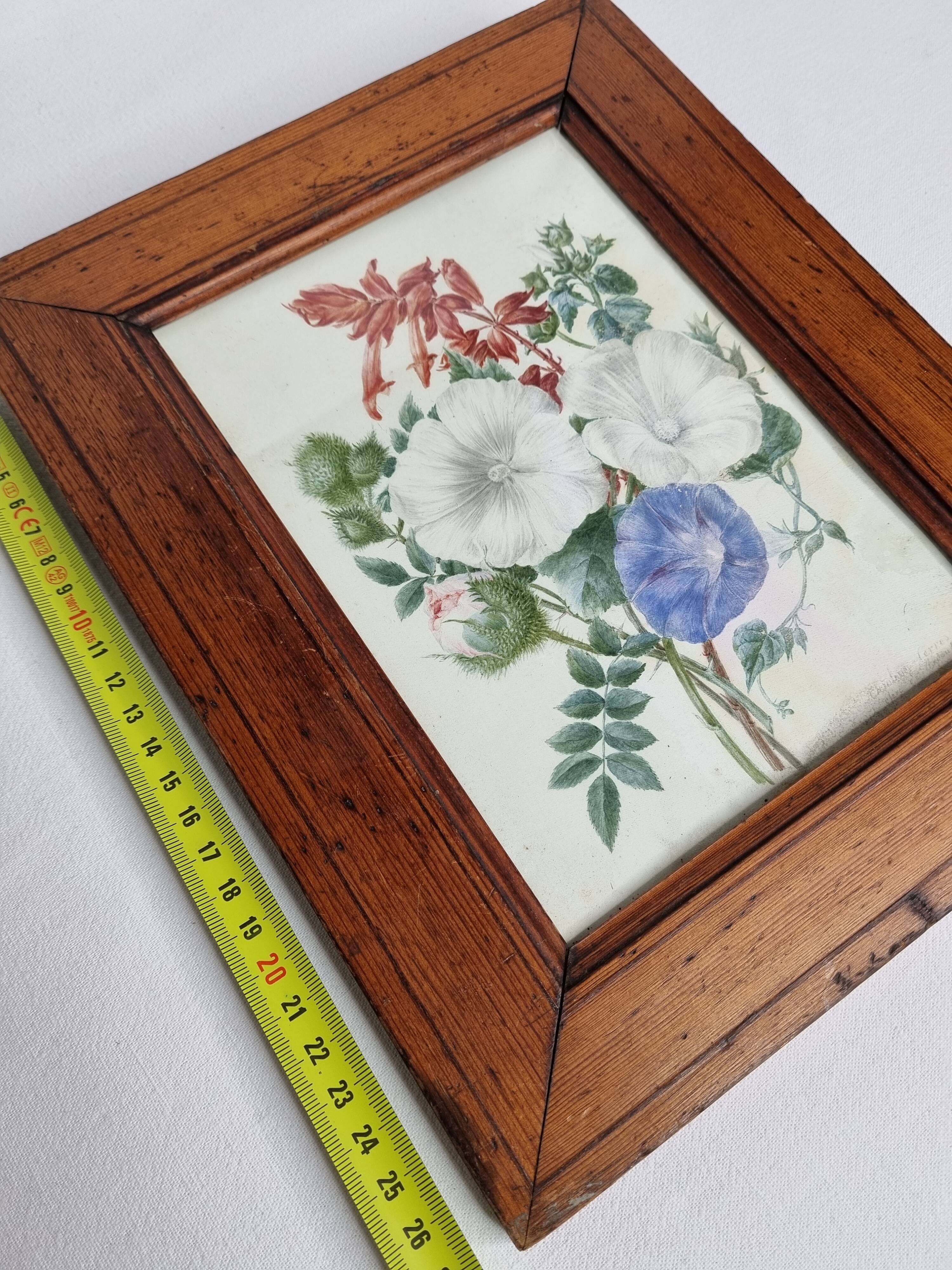 Cadre du début du XIXème siècle, bouquet de fleurs sauvages, signé, élève de Pierre-Joseph Redouté