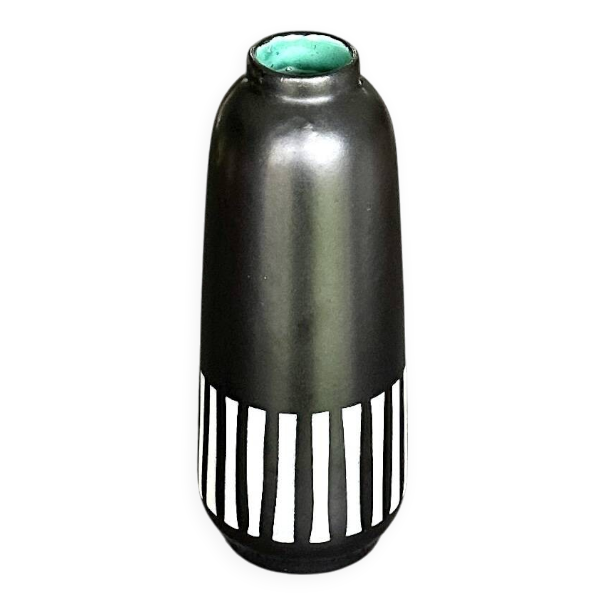 Upsala Ekeby Ceramic Vase – Black with Striped Pattern – Turquoise Interior –