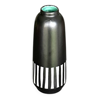 Upsala Ekeby Ceramic Vase – Black with Striped Pattern – Turquoise Interior –