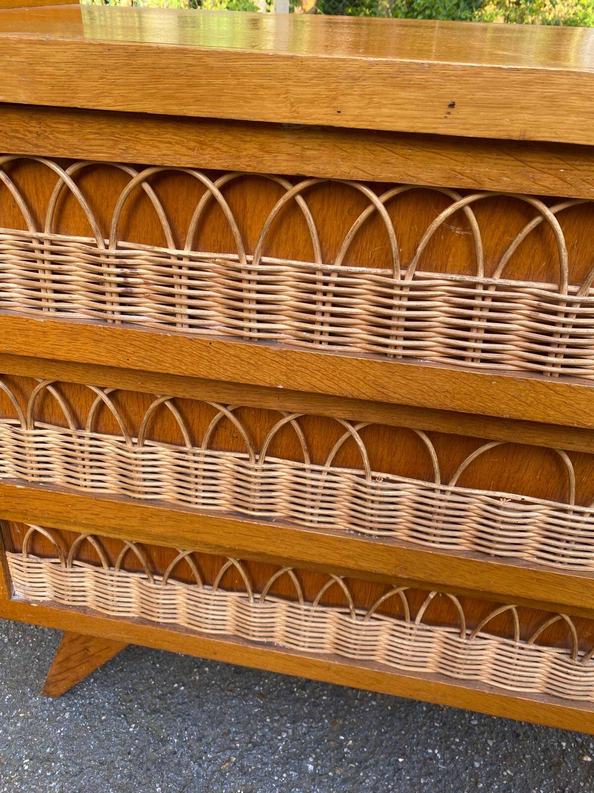 Commode scandinave en chêne et rotin des années 60