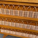 Commode scandinave en chêne et rotin des années 60