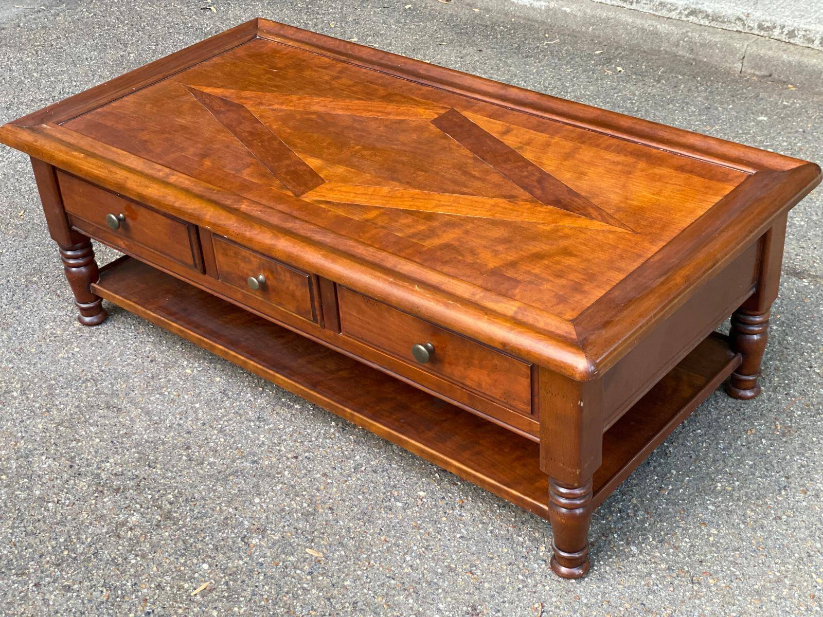 Solid cherry coffee table with 3 drawers in Louis Philippe style, 1980.
