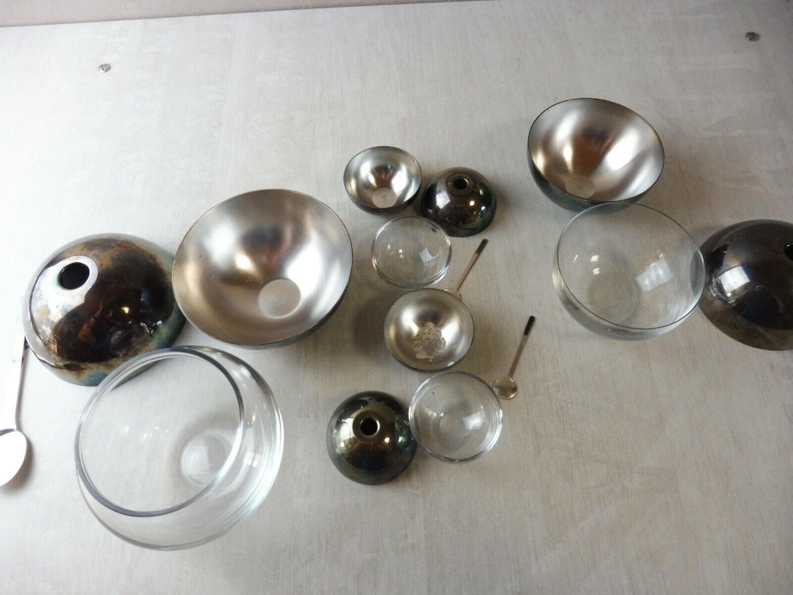 Old breakfast service, confectioner, sugar bowl, silver metal ball + glass
