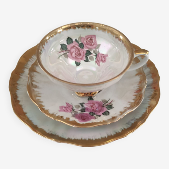 Bavaria porcelain solitaire with iridescent old rose decor Trio cup, saucer, dessert plate