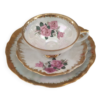 Solitaire en porcelaine Bavaria décor rose ancienne irisée Trio tasse, sous-tasse assiette à dessert