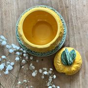 Set of ceramic fruits, a strawberry decanter and two lemon and pineapple jam jars