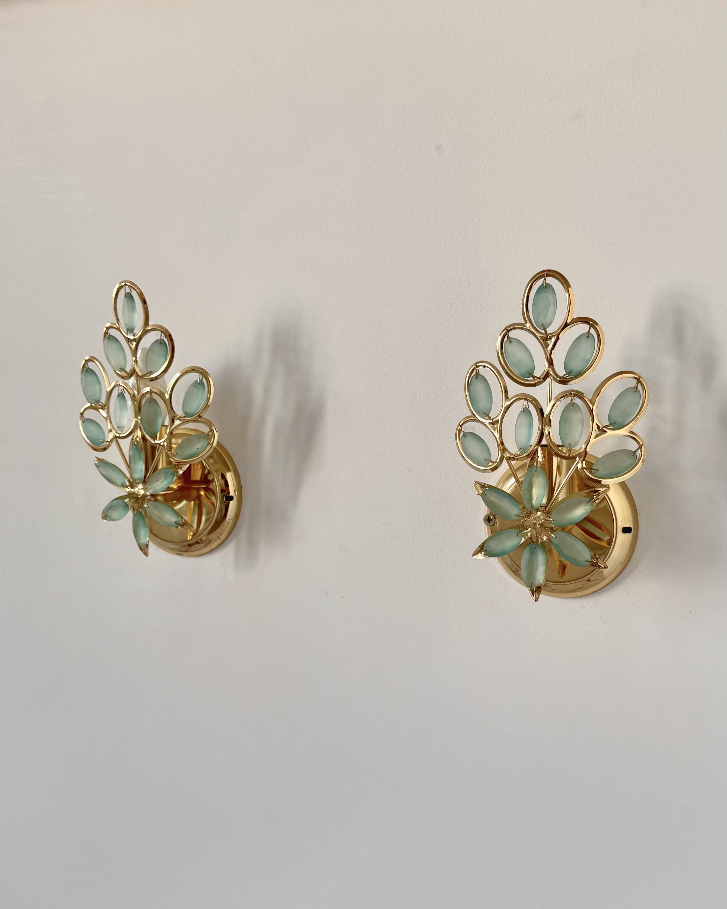 Pair of vintage brass wall lights with pendants, France, 1980.