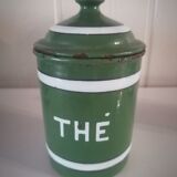 Set of 6 old enamelled jars with 6 trundle lids