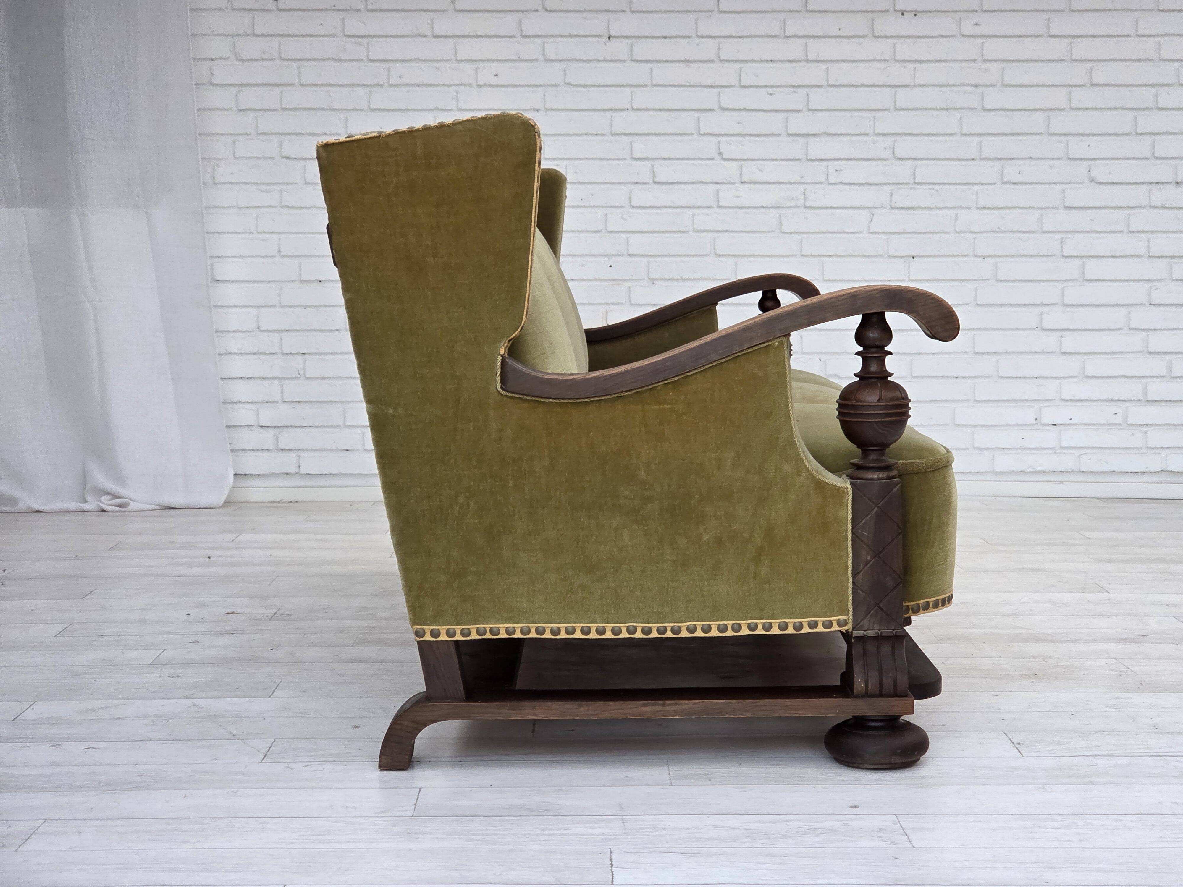 1950s, 3-seater Danish sofa, original condition, furniture velour, oak.