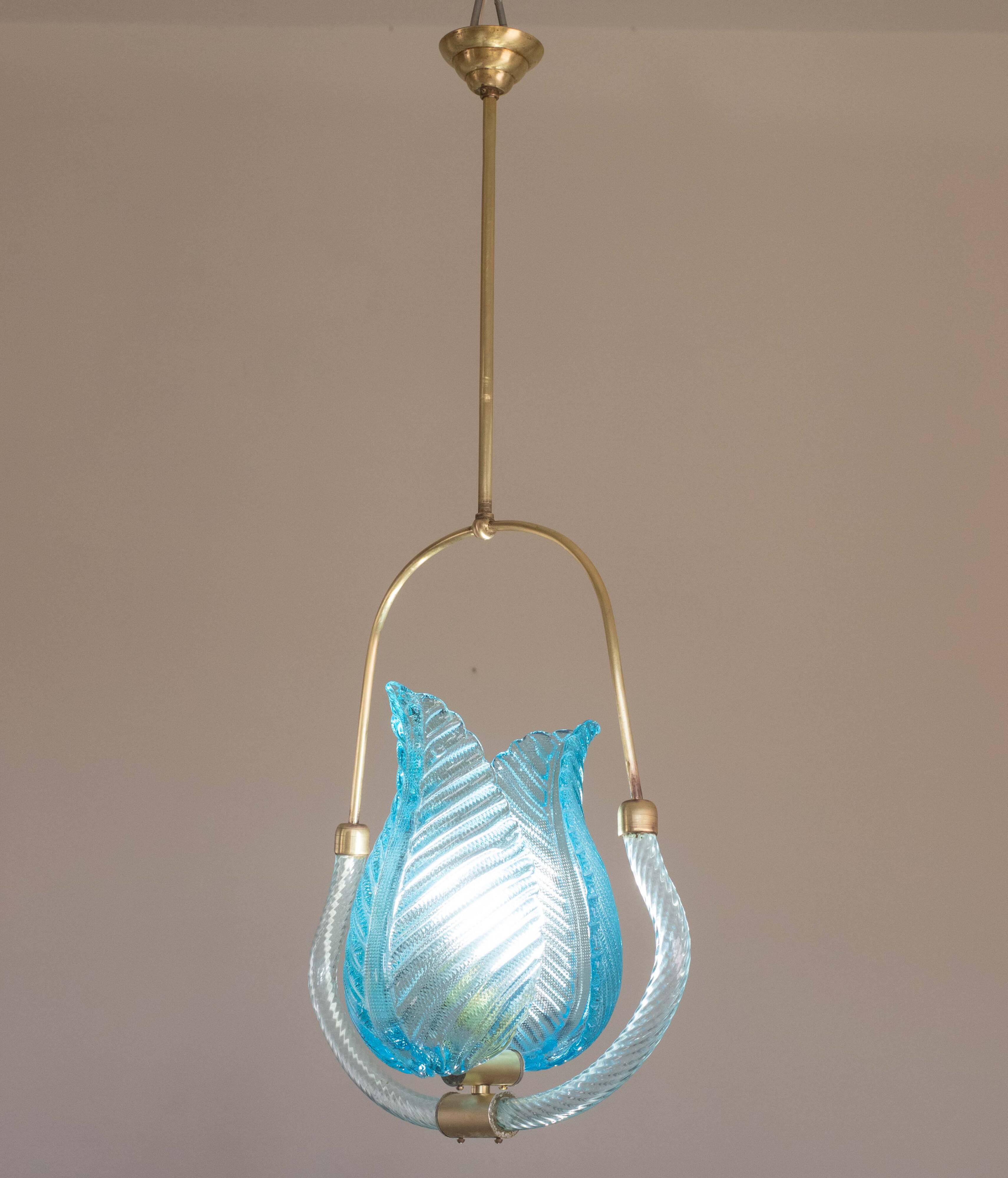 Lovely Blue Art Decò Barovier e Toso Pendant Light, 1930s