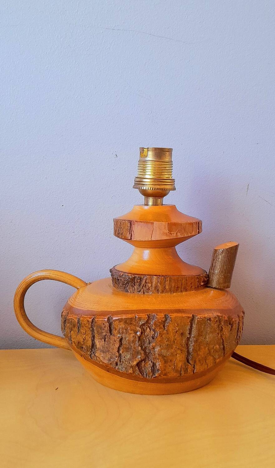 Pair of 60s brutalist wooden lamps