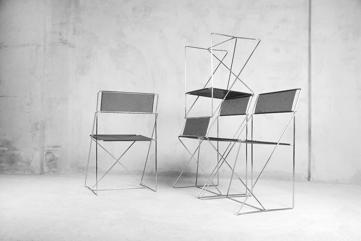 Minimalist Metal X-Line Chairs by Niels Jørgen Haugesen for Hybodan, 1970s, Set of 4