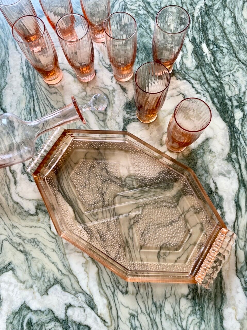 Vintage pink glass liquor service