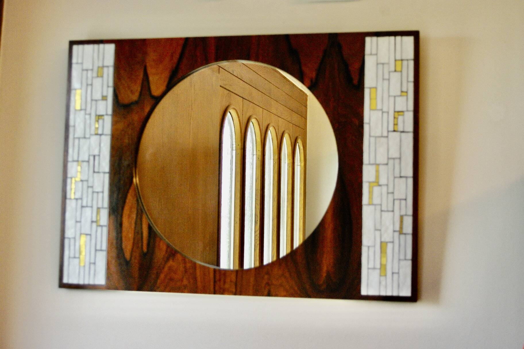 Vintage rosewood and ceramic mirror by berthold muller 1950