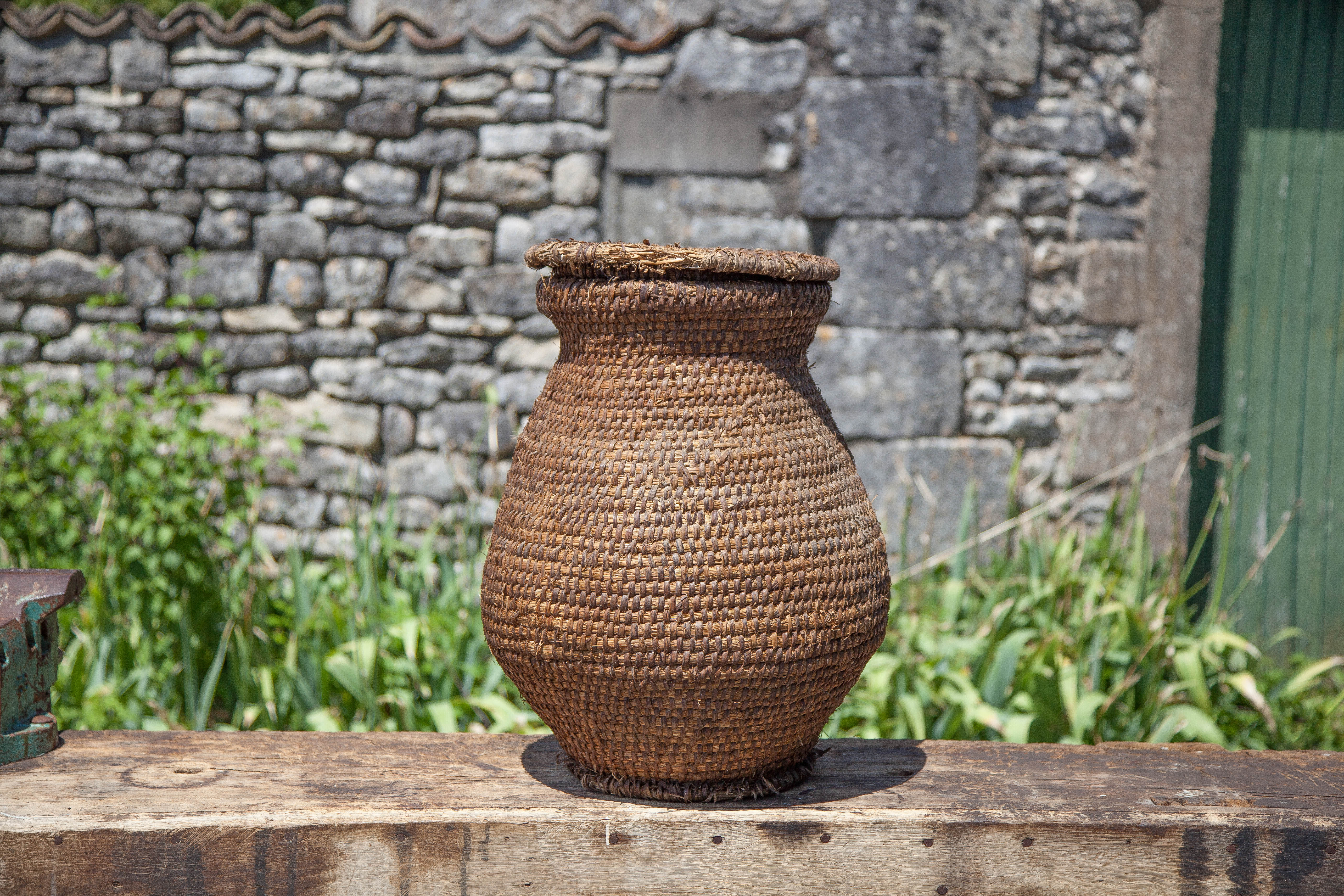 Old basket, burgundy straw and bramble with lid, woven basket