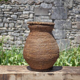 Old basket, burgundy straw and bramble with lid, woven basket
