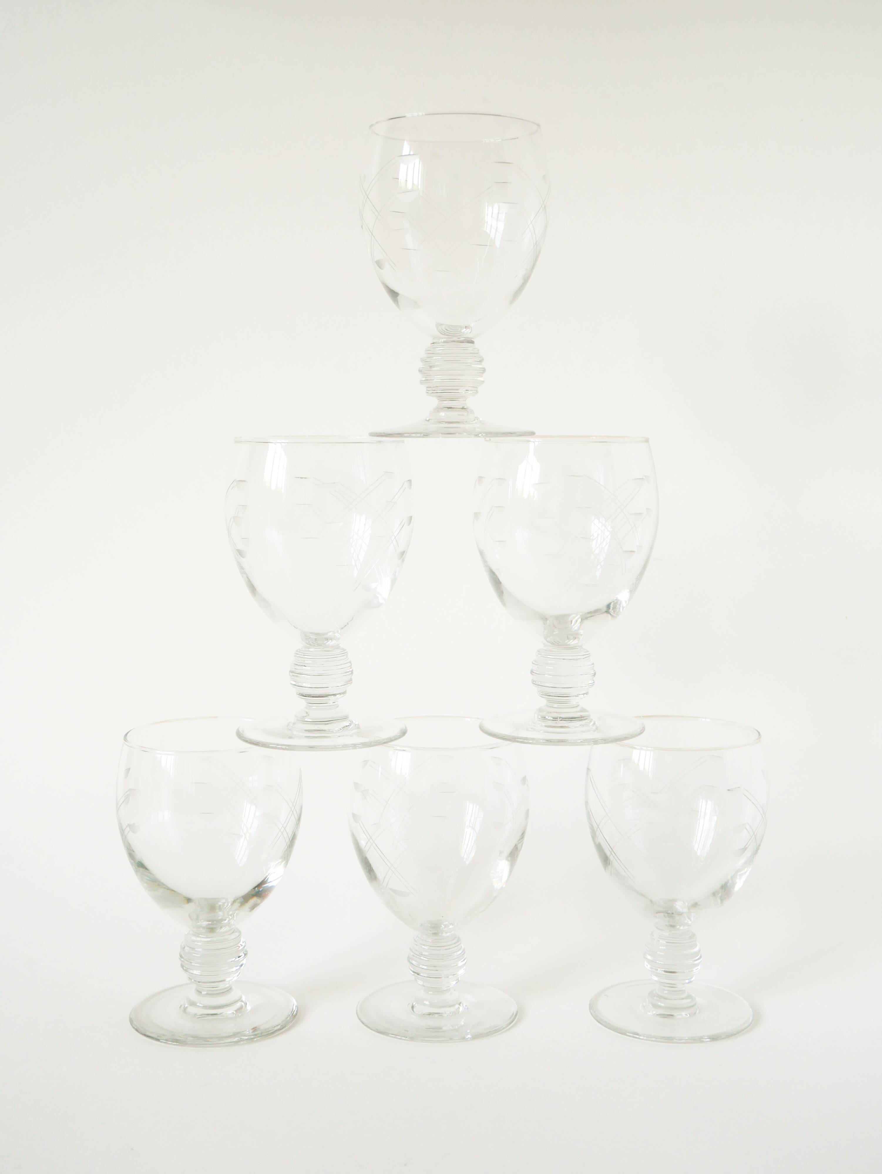Set of 6 large wine glasses with intricately carved stems, in engraved crystal, Art Nouveau