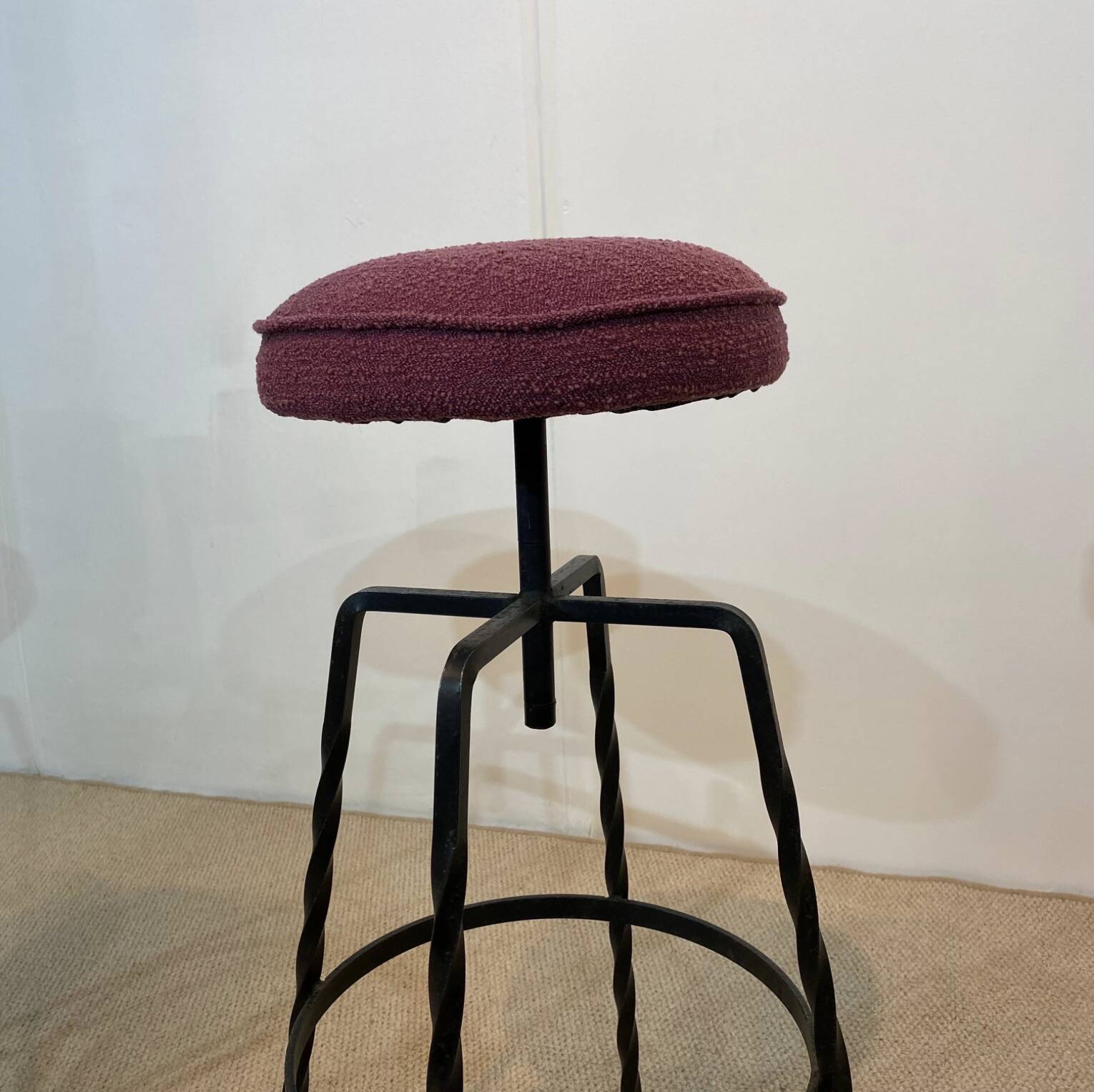 Pair Maroon Boucle Iron Swivel Bar Stools Midcentury Italian Vintage 1950s