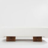 Italian Brutalist sofa in walnut and chenille velvet circa 1960