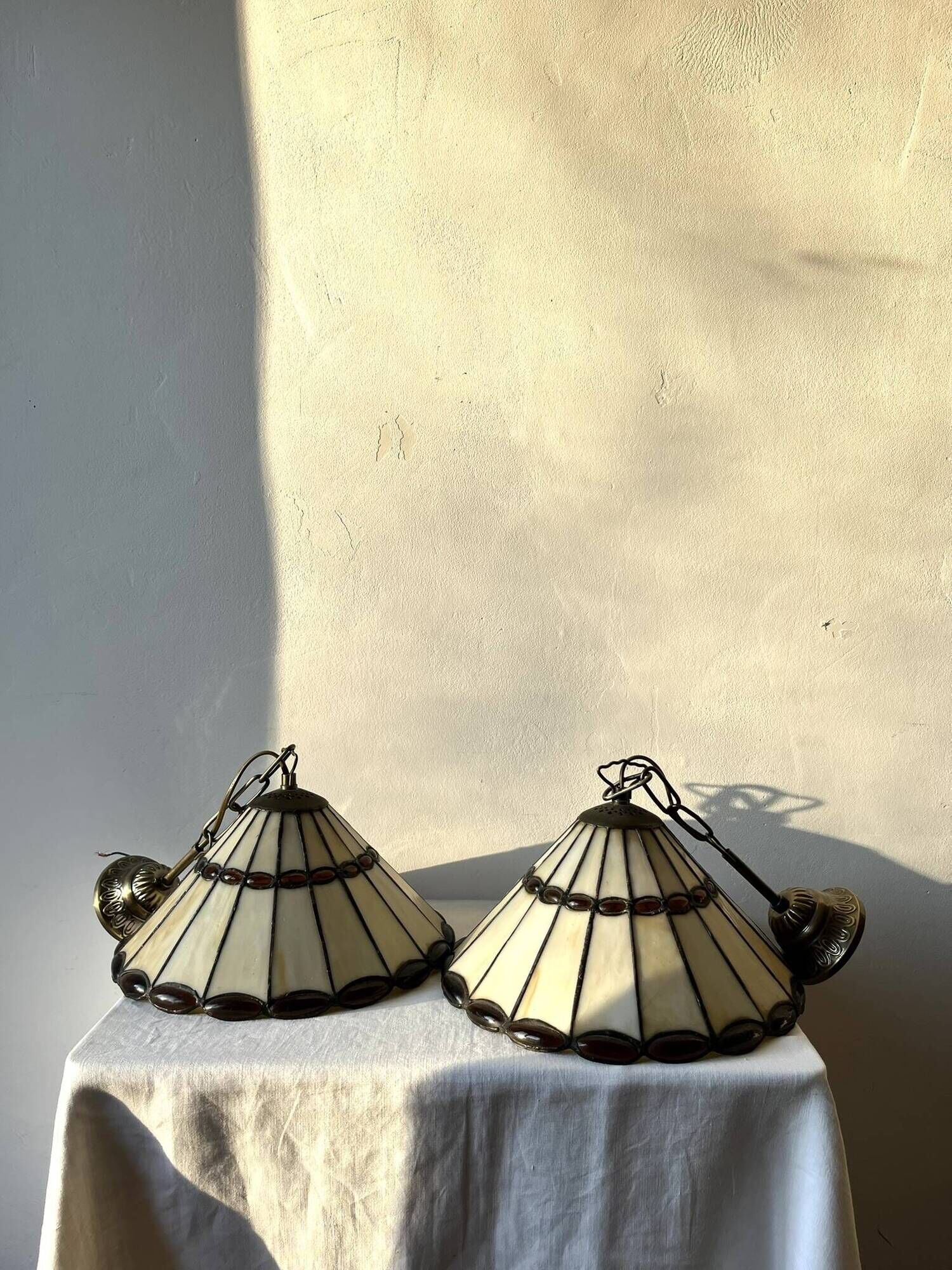 Pair of glass pendant lights in Art Nouveau Tiffany style
