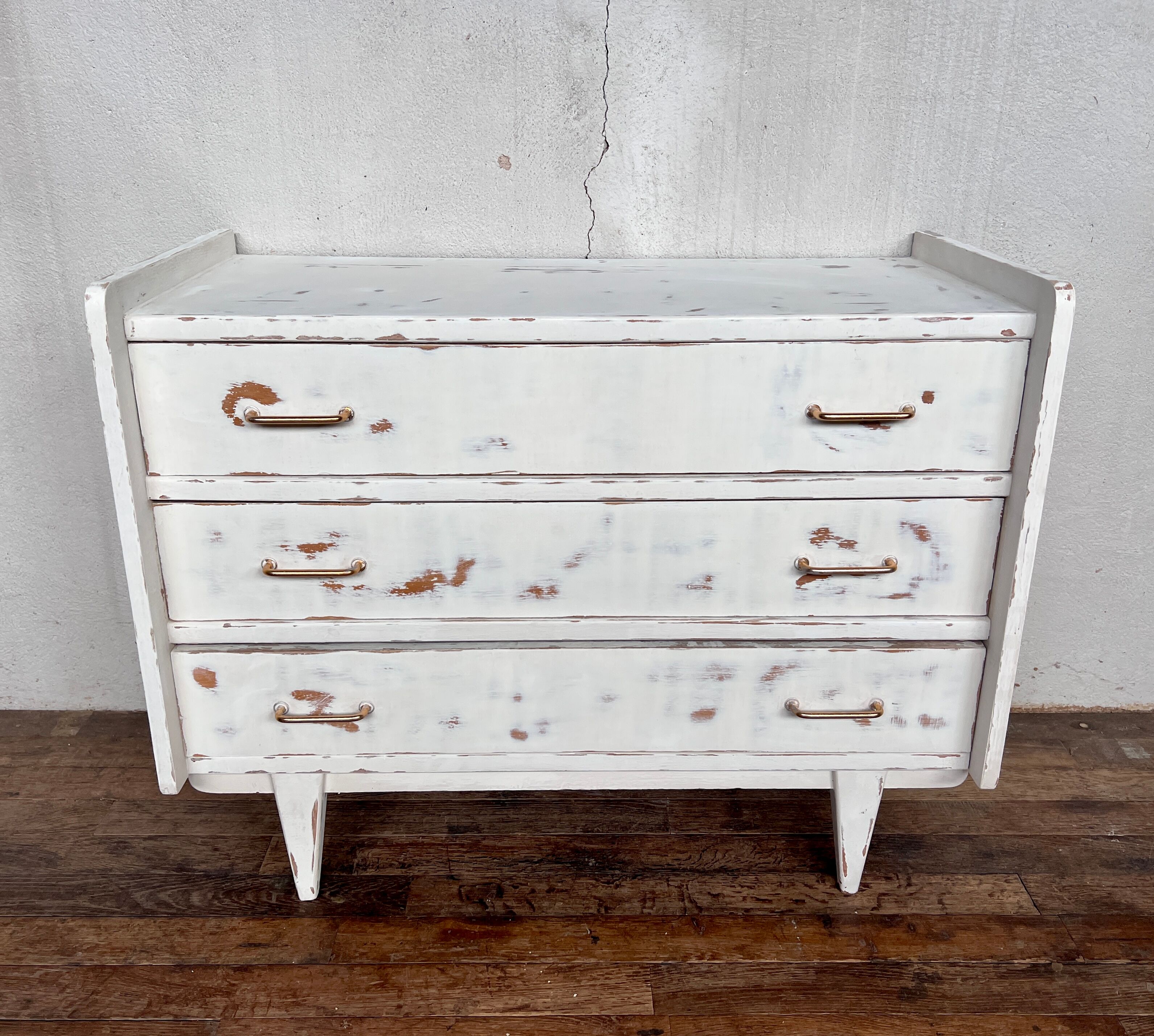 White patinated chest of drawers vintage feet compass