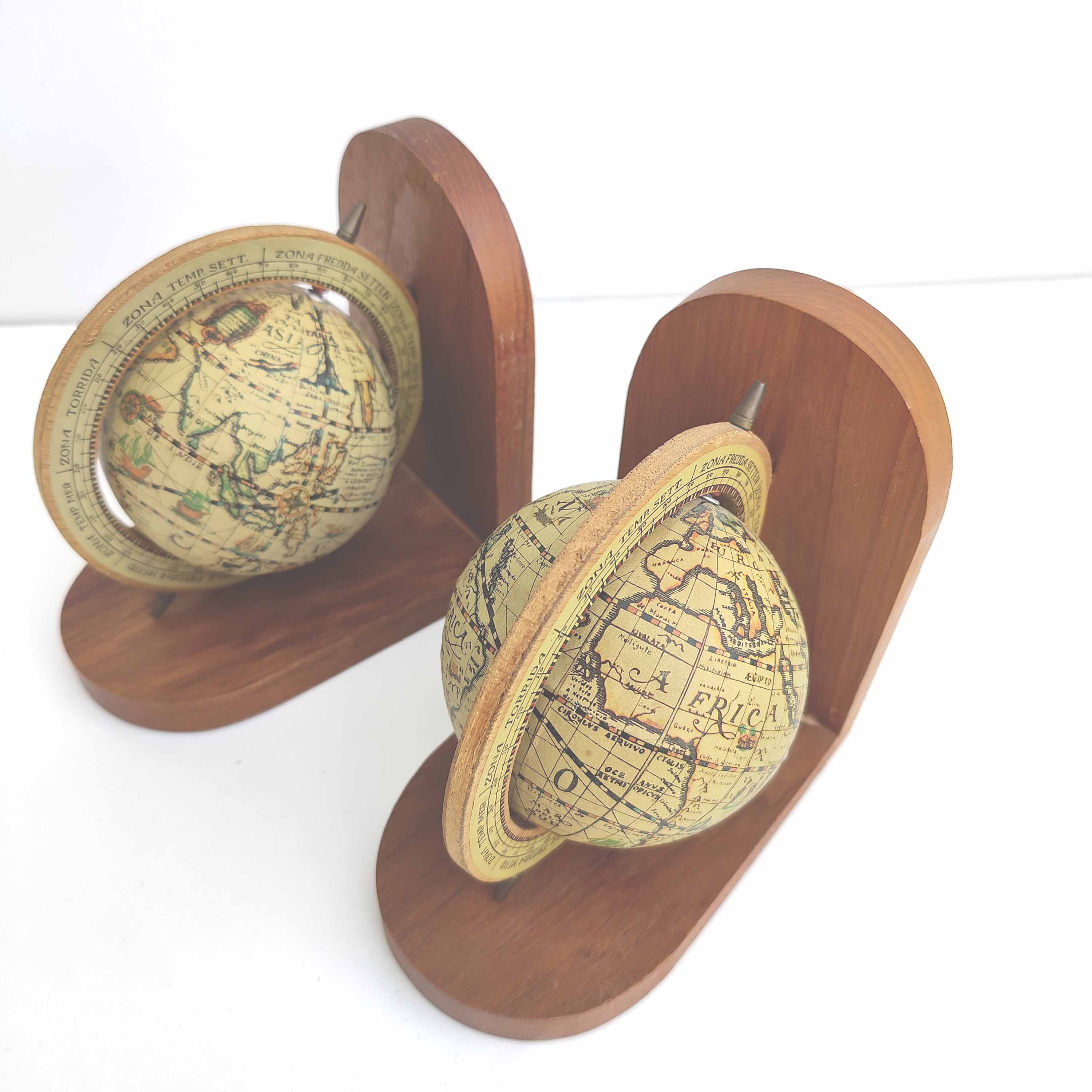 Pair of bookends globe world map wood paper