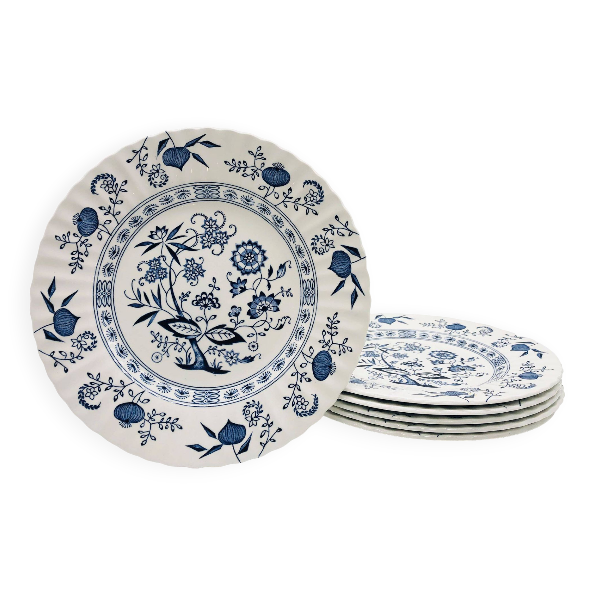 6 Dinner plates, J & G Meakin Classic White Blue Nordic.