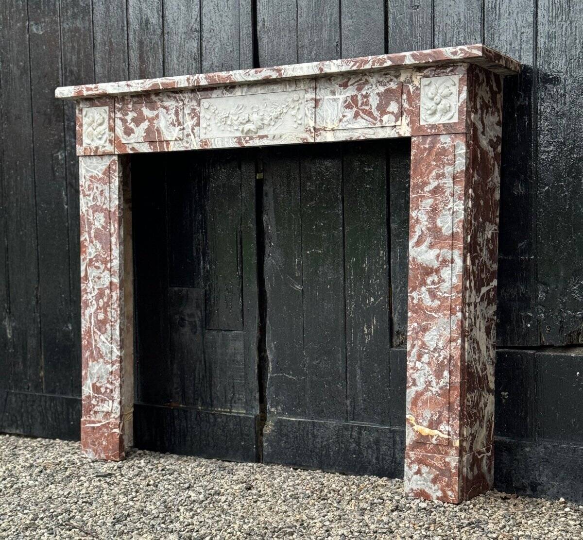 Louis XVI style fireplace in royal red and white Carrara marble circa 1900
