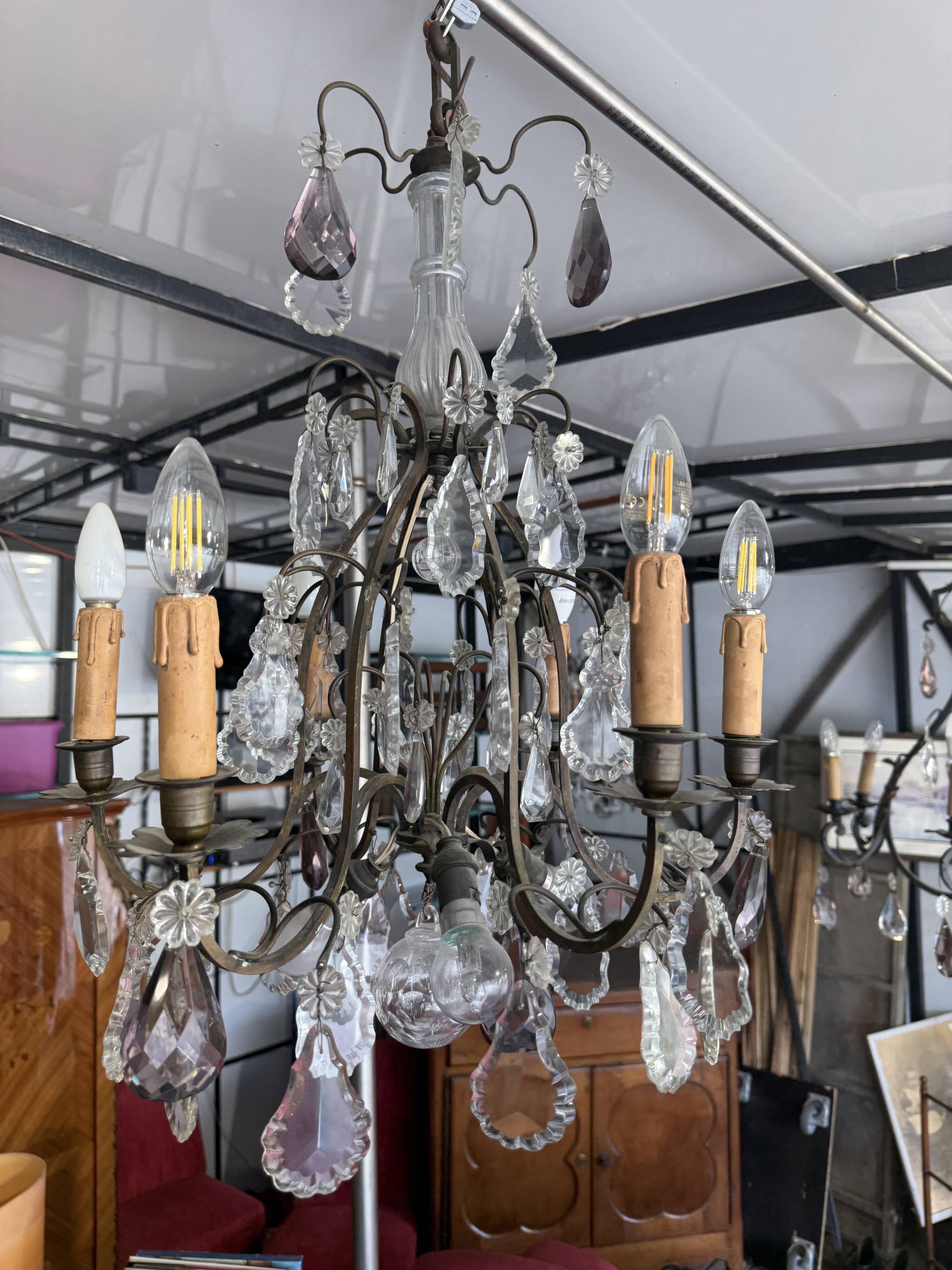 Lustre cage 9 lights with pendants Louis XV