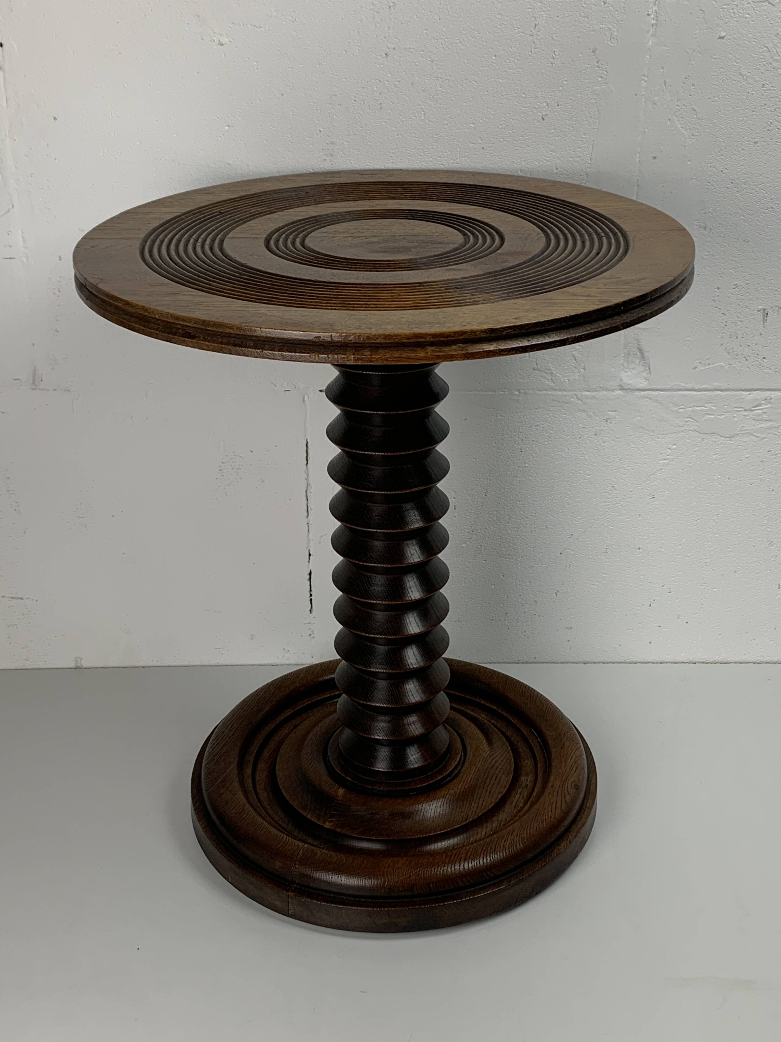 Brutalist Wood Turned Wine Press Side Table in the style of Charles Dudouyt