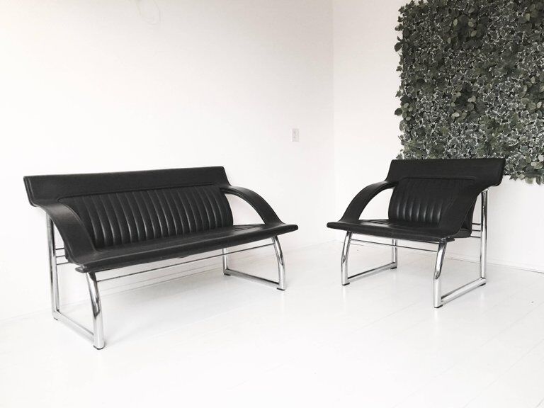 Sofa and Chair in black leather of Sede DS-127 of Gerd Lange 1980 s