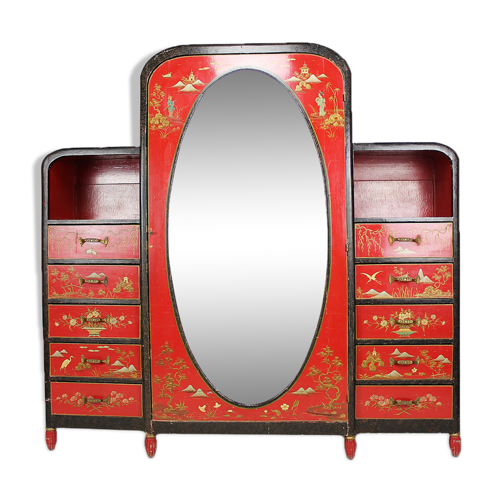 Ancienne table d'appoint orientale en laque japonaise sur pied peinte et laquée à la main - En