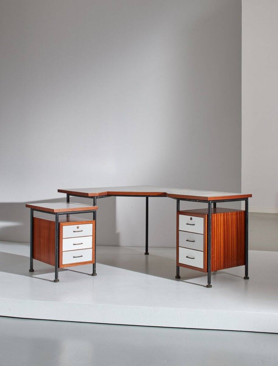 Corner Desk in Painted Metal, Wood, Formica, and Brass by Sergio Coradeschi, 1950s