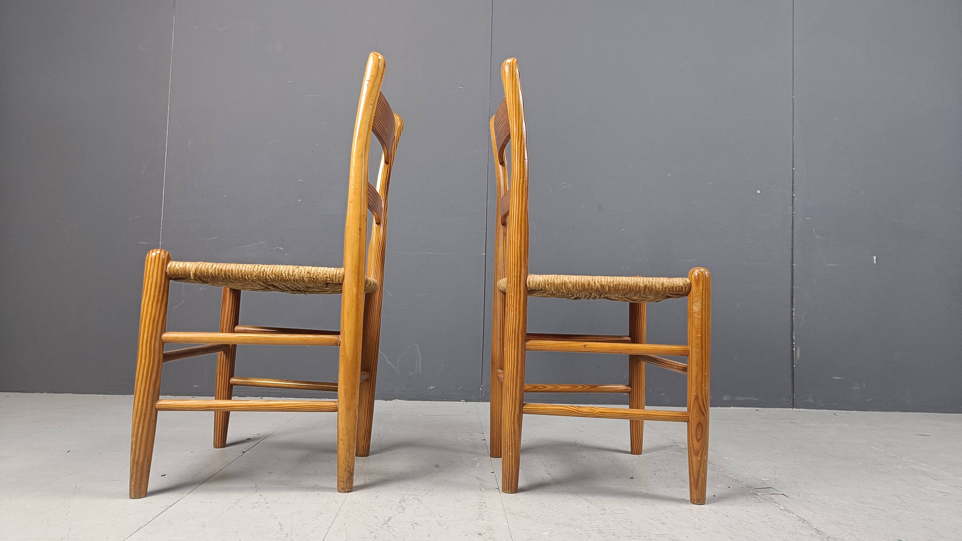 Mid century oak and wicker dining chairs, set of 4