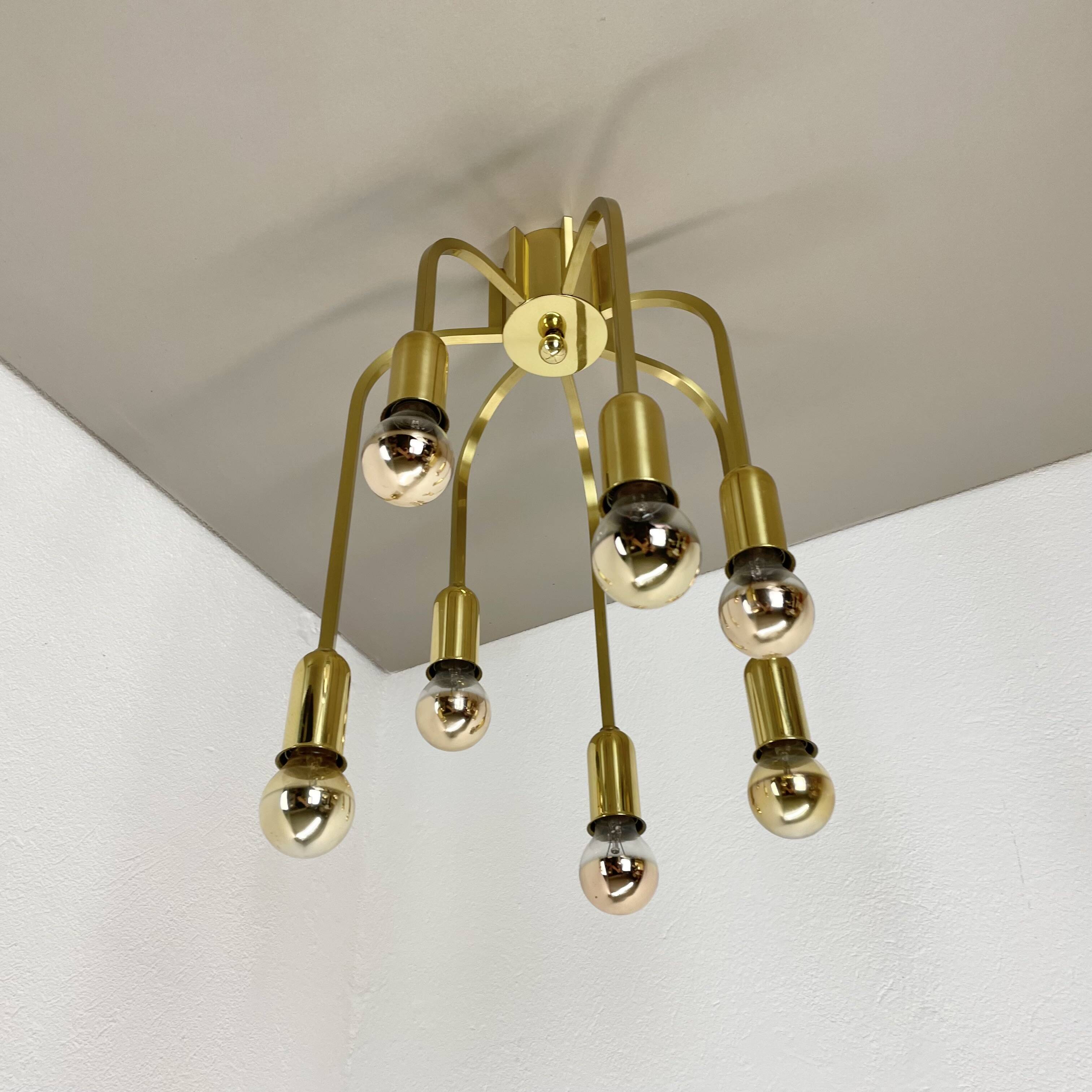 Large cubic brass 7 bulb flush mount ceiling light, italy 1970s
