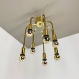 Large cubic brass 7 bulb flush mount ceiling light, italy 1970s