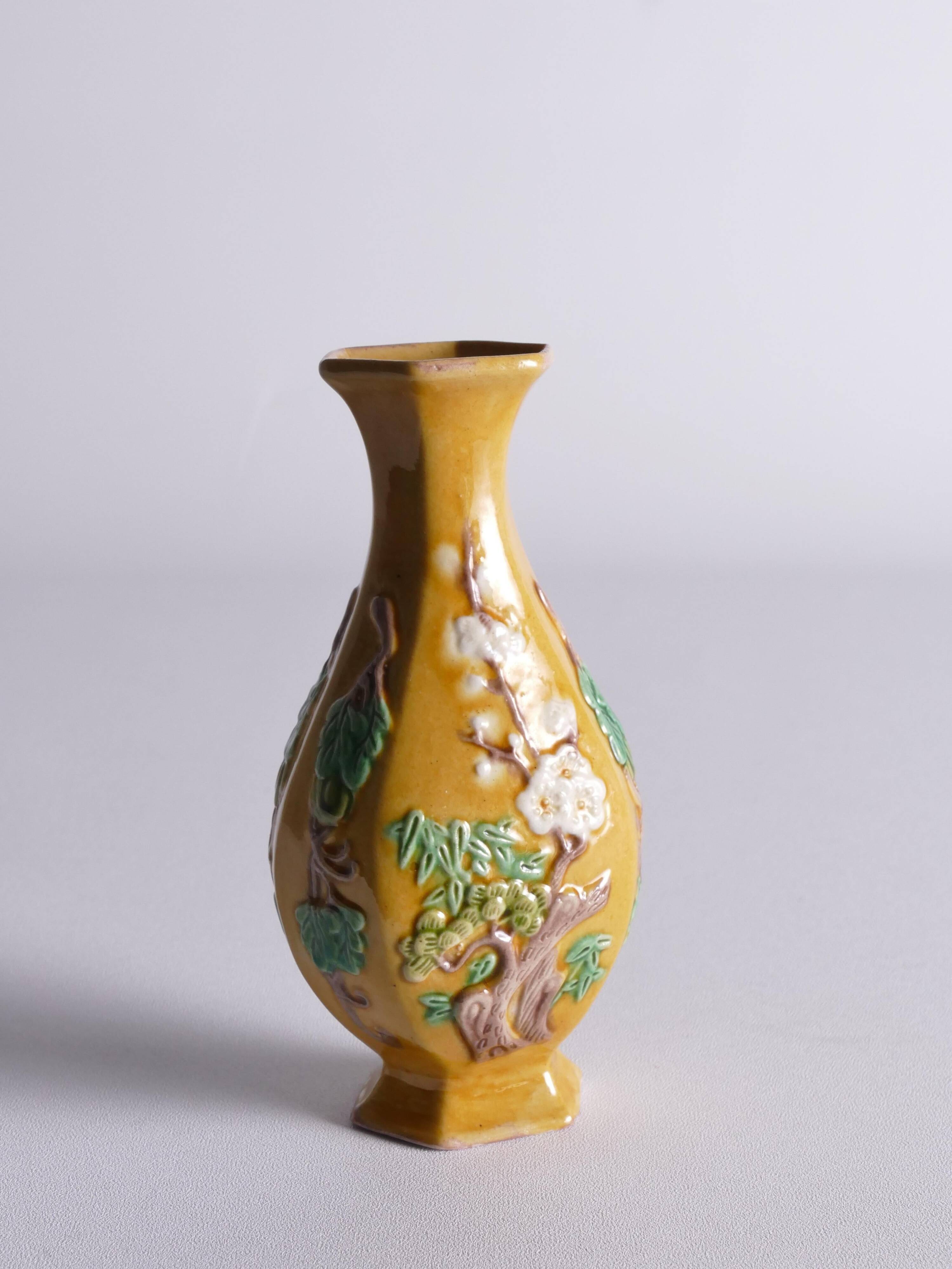 Chinese Yellow Glazed Hexagonal Relief Porcelain Vase with Prunus Motif