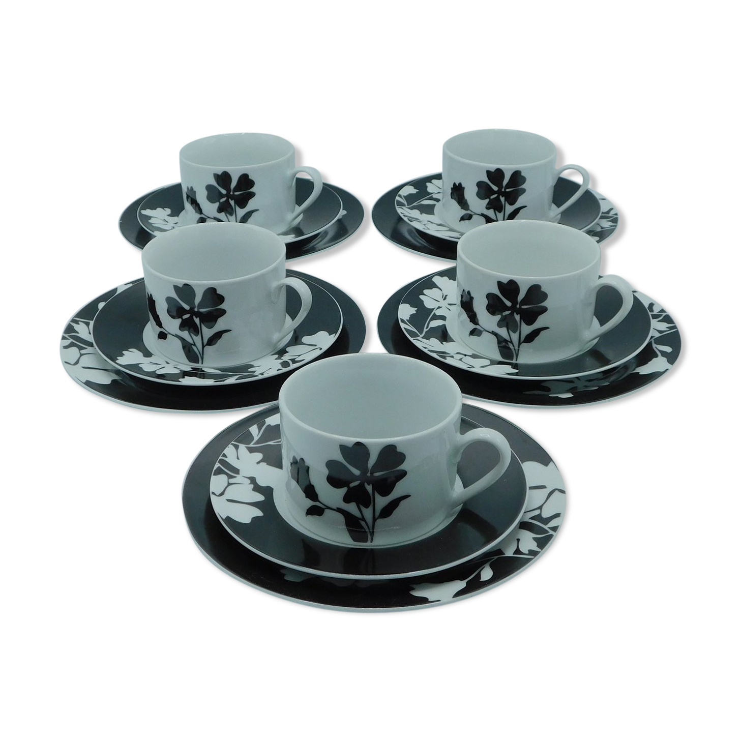 5 cups, 5 saucers, 5  cake plates