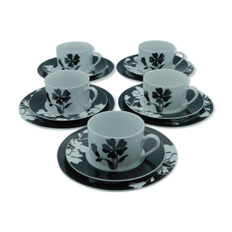 5 cups, 5 saucers, 5  cake plates