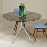 Round table in smoked glass and chrome metal from the 70s