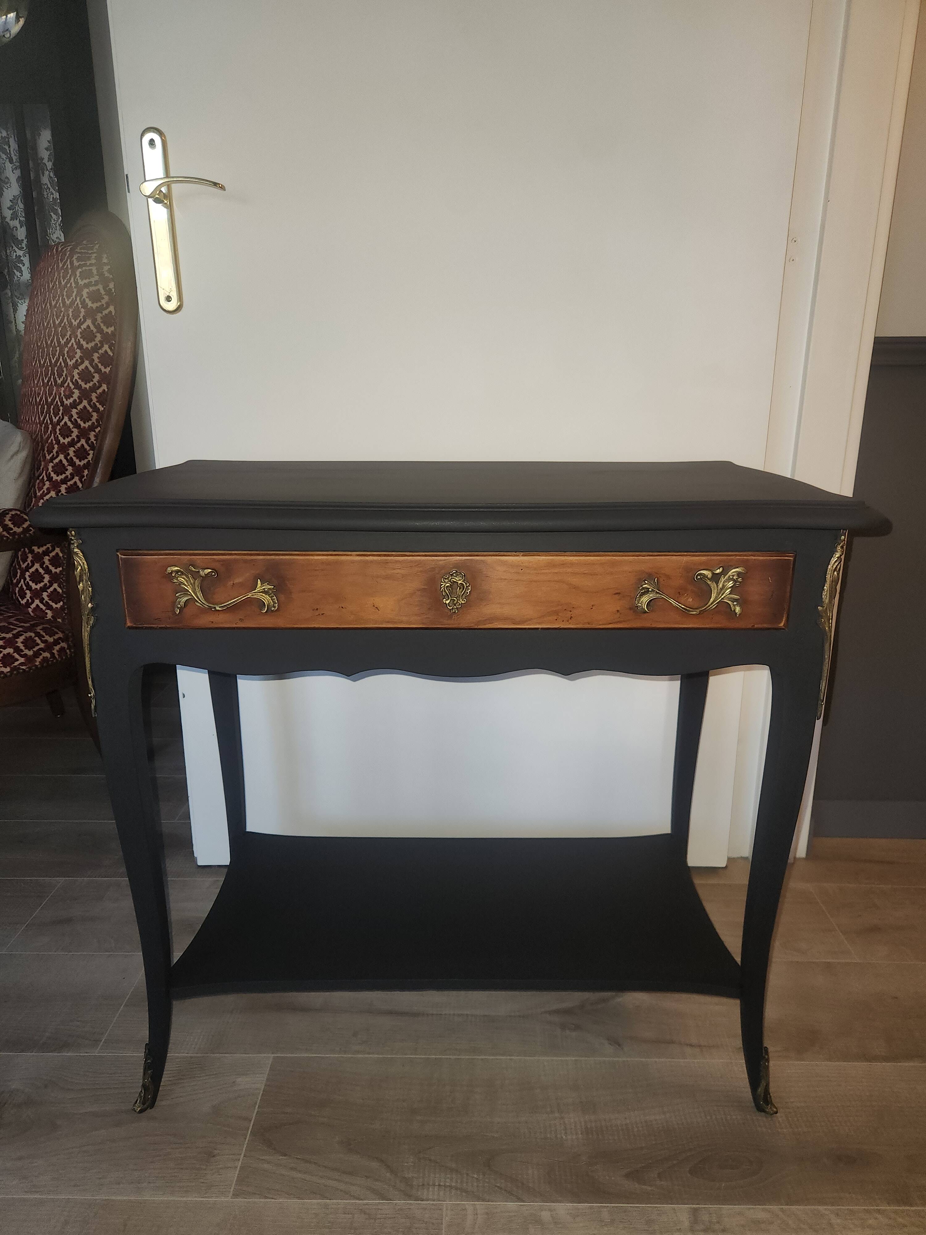 Mat black console / natural wood / gilding – Louis XV style Unique piece