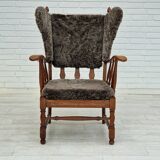 1960s, danish design, renovated-reupholstered high-back ear flap chair, sheepskin, oak wood