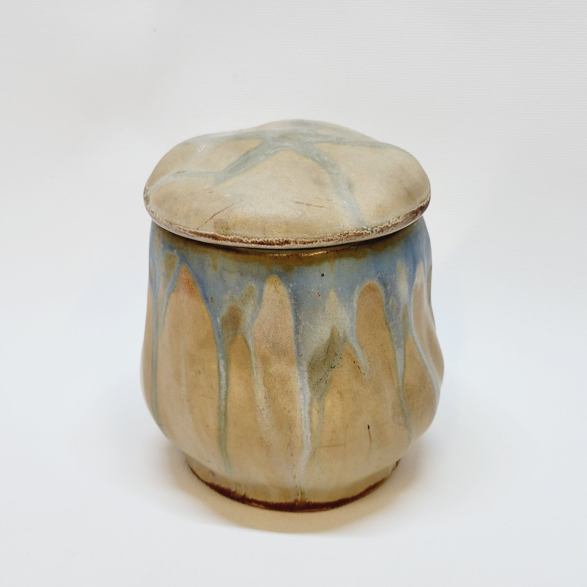 Gilbert Metenier Covered pot in beige and blue art nouveau flamed stoneware