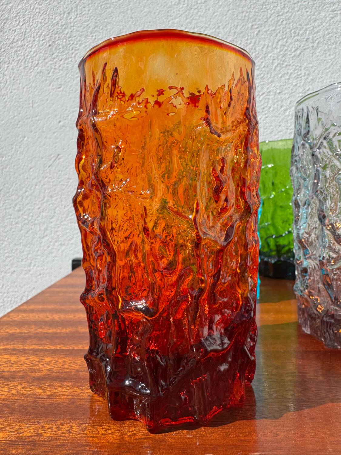 Large multicoloured glasses by Geoffrey Baxter from the 1960s.