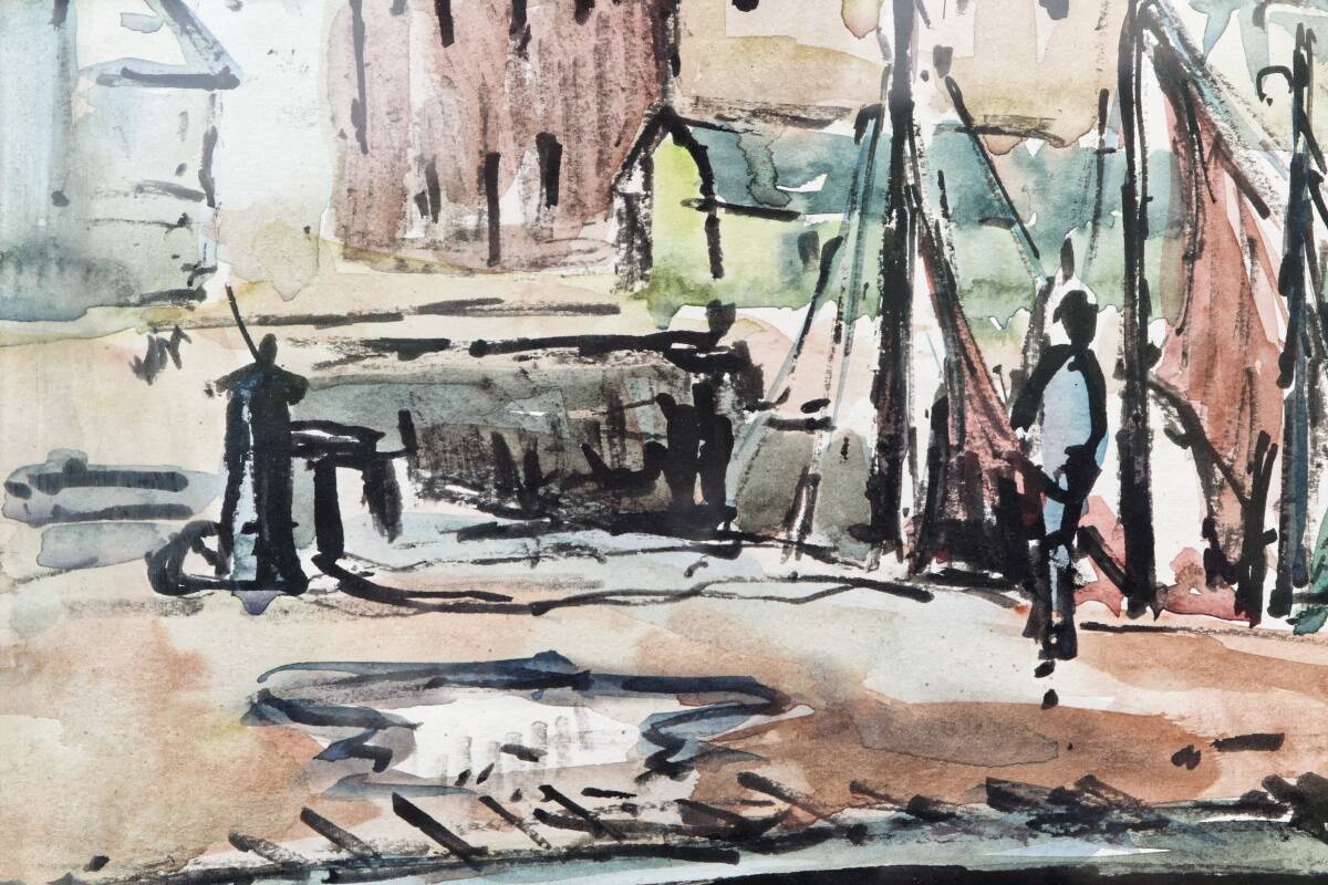 Watercolour, port of Honfleur, by Bernard Loriot (1925-1998)