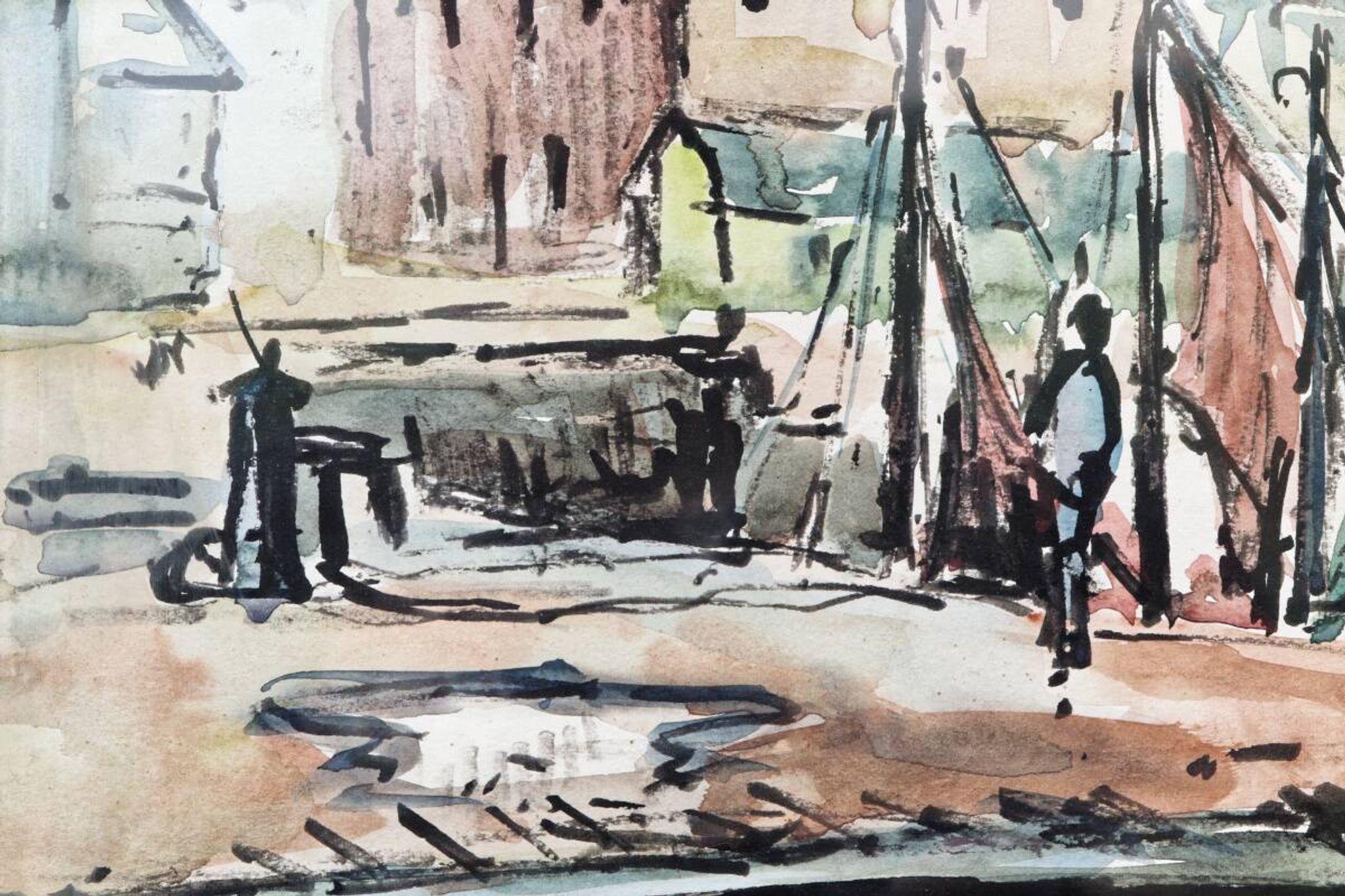 Watercolour, port of Honfleur, by Bernard Loriot (1925-1998)